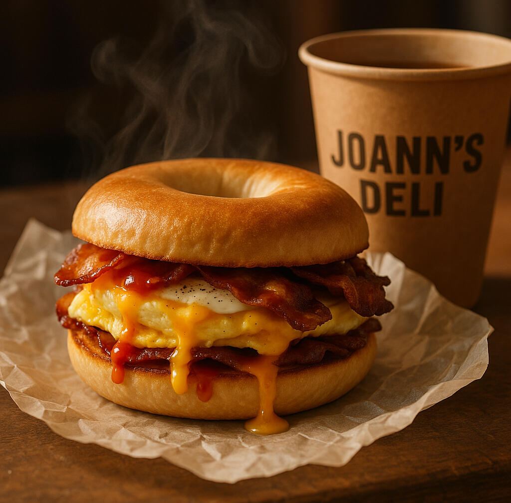 Close-up of a New York classic bacon, egg, and cheese sandwich on a sesame bagel with melted cheese and crispy bacon, served with a steaming hot coffee from Joann’s Deli – Staten Island’s favorite deli since 1972. Perfect for breakfast near the Staten Isla